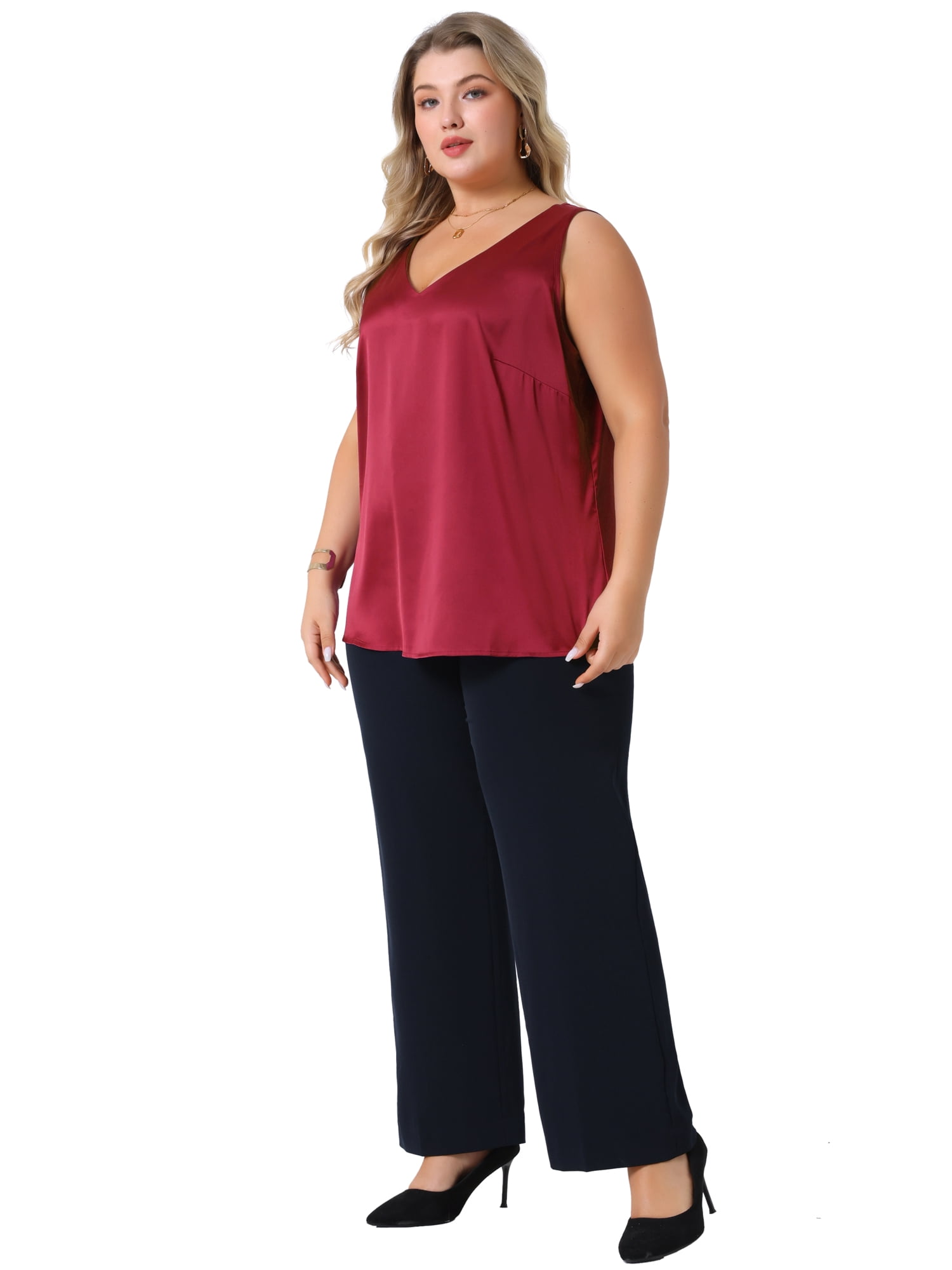 DARING DIVA Women's Plus Casual Silk Satin Tank Top V Neck Cami Blouse 2X Burgundy