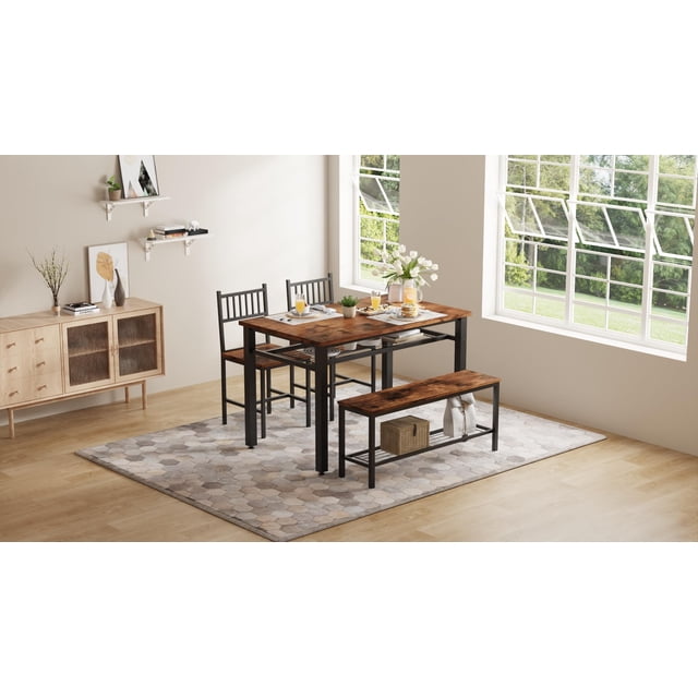 Towallmark 47'' Modern Farmhouse Dining Table Set for 4 with Bench and Chairs, Storage Shelf, Metal Frame, Space-Saving Design for Dining Room, Kitchen, Apartment (Brown)