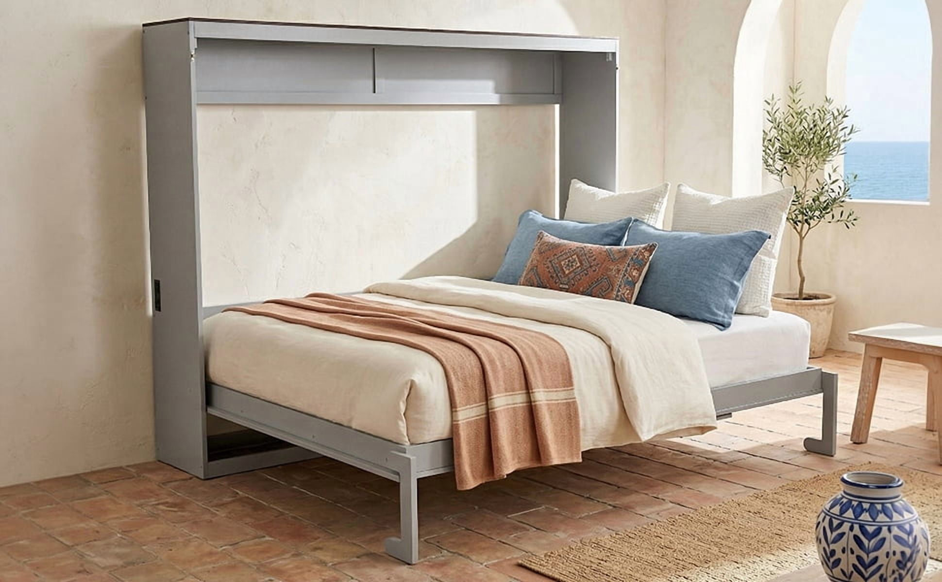 Mintazer Farmhouse Full Murphy Wall Bed with Barn Door & Charge Station, Folding Cabinet Bed for Home Office, Gray