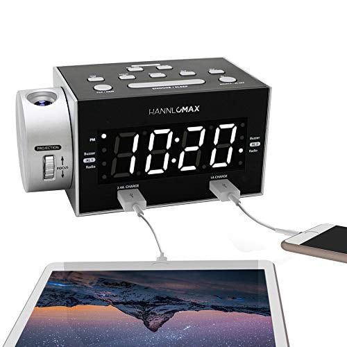HANNLOMAX HX-135CR Radio Reloj Despertador con Proyección, Radio FM PLL, Alarma Dual, Puertos USB Dobles para Carga 2.4A y 1A, Pantalla LED Blanca, Adaptador AC/DC Incluido.