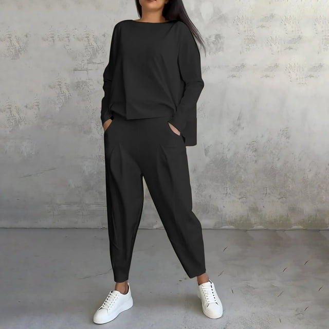 sageysalite Ensemble de Survêtements 2 Pcs pour Femmes Manches Longues Col Rond Chandail Décontracté Entraînement Course Sport avec Poches