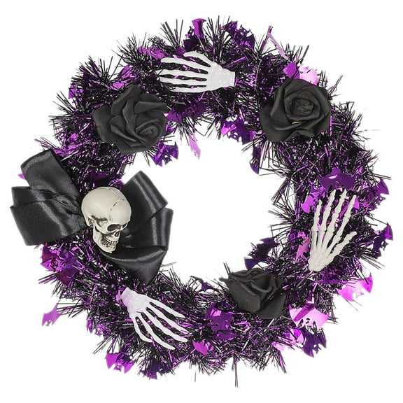 Halloween Wreaths for Front Door, Lighted Door Wreath Fall Wreath with Purple Lights and Black Roses Bows for Home Wall Window Party Decor
