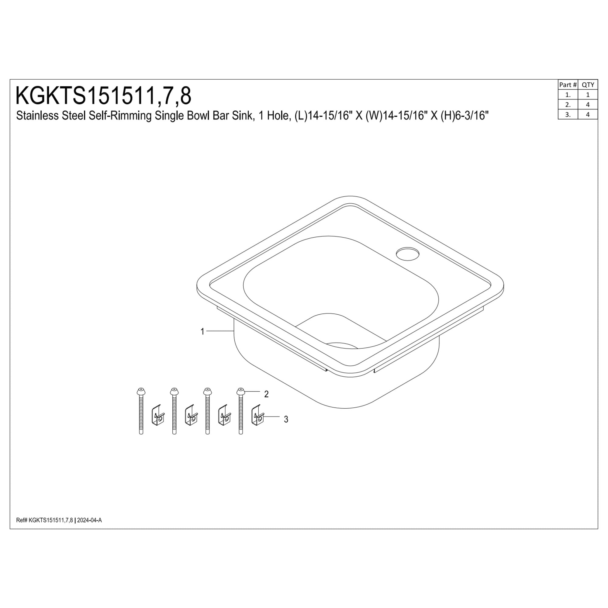 Kingston KGKTS151511 Studio 15-Inch Stainless Steel Self-Rimming Single Bowl Drop-In Bar Prep Sink (1-Hole) with Strainer in Brushed Stainless Steel/Polished Chrome