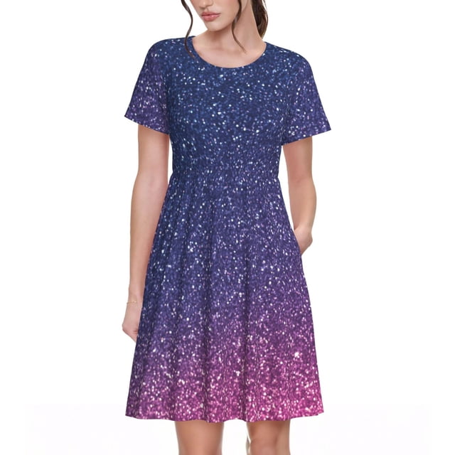 Bixox Robe d'Été à Manches Courtes pour Femmes Robe Ample Longueur Genou avec Poches-Violet Pailleté