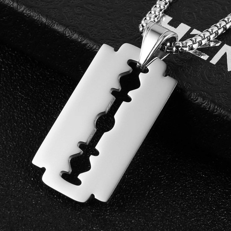 HZMAN Men's Stainless Steel Razor Blade Dog Tag Necklace - Hip Hop Punk Rock Pendant