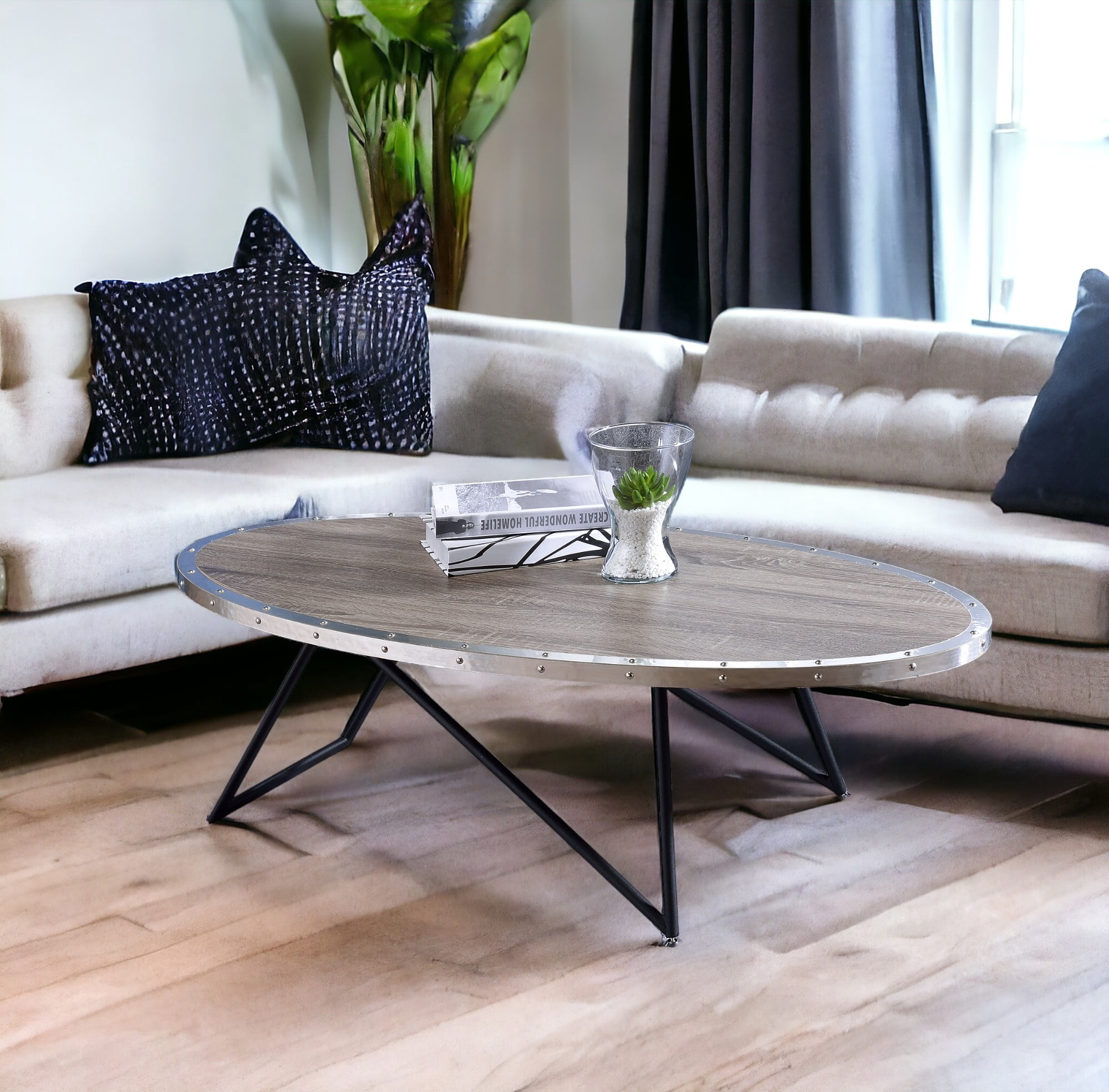 Coffee Table, Gray Oak & Metal Finish