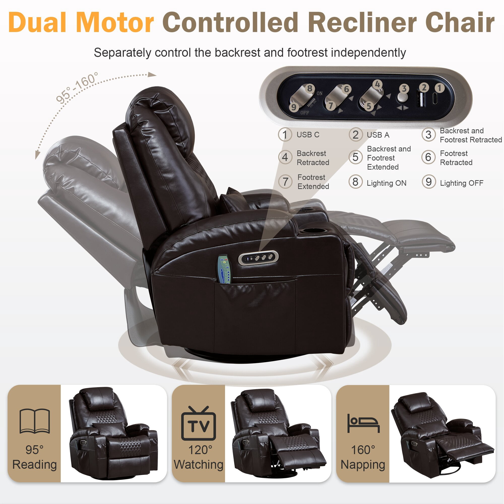 QJTC Power Swivel Rocker Recliner Chair for Living Room - Rocking Recliner with Heat and Massage/Cup Holder/LED Lights/USB & USB-C Ports (Set of 2, Black)