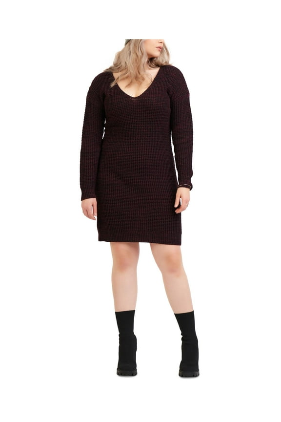 Womens Black Long Sleeve V Neck Knee Length Wear To Work Sweater Dress Plus X