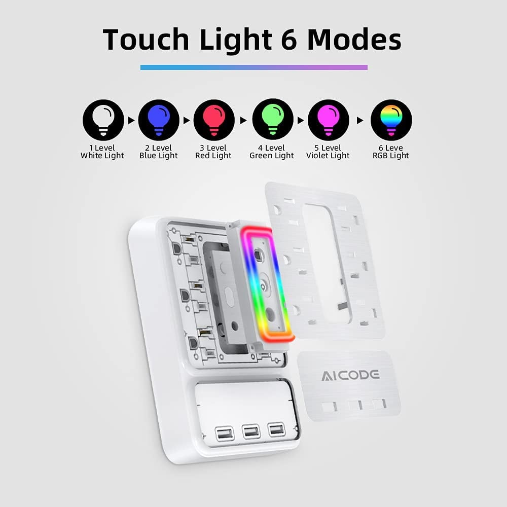 Multi Plug Outlet Extender, 6 Outlet Sur Outlet Protector with 3 USB Charr(3.2A Total),Wall Outlet Plug Electrical Outlet with 6 Ambient RGB Light , Plug Extender for Home,Office,Dorm,Hotel