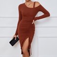 thumbnail image 4 of SWSMCLT Women's Long Sleeve High Split Bodycon Dress Sexy Drawstring Ruched Cold Shoulder Mini Dresses Brown Large, 4 of 5
