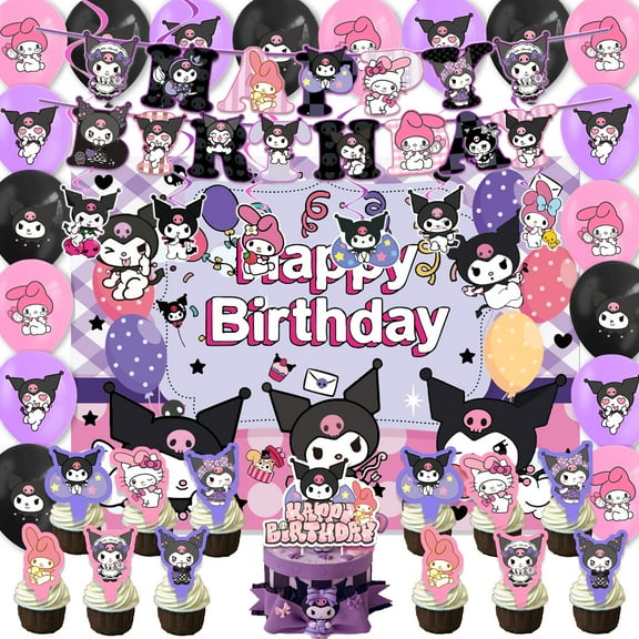 Kuromi Birthday Party Supplies, Kuromi Party Decorations Set -Kuromi Birthday Decoration Banner Background and Balloon Cake Topper and Other Party Supplies