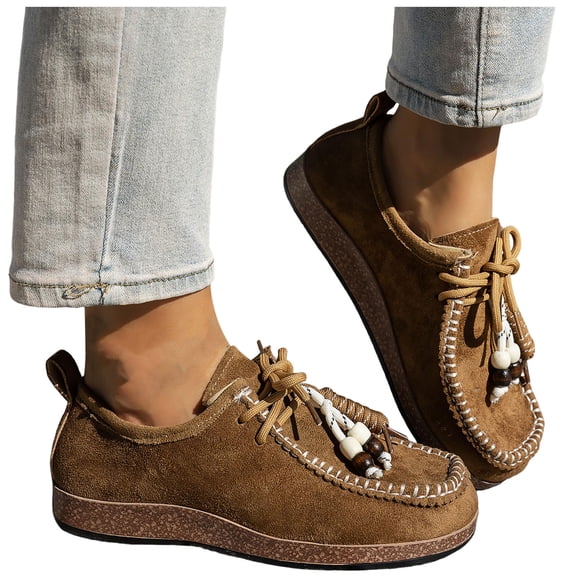 Women's Retro Flat Beaded Tennis Shoes Lace Up Low Top Loafers Lightweight Suede Slip On Casual Dress Shoe Brown Size 9.5