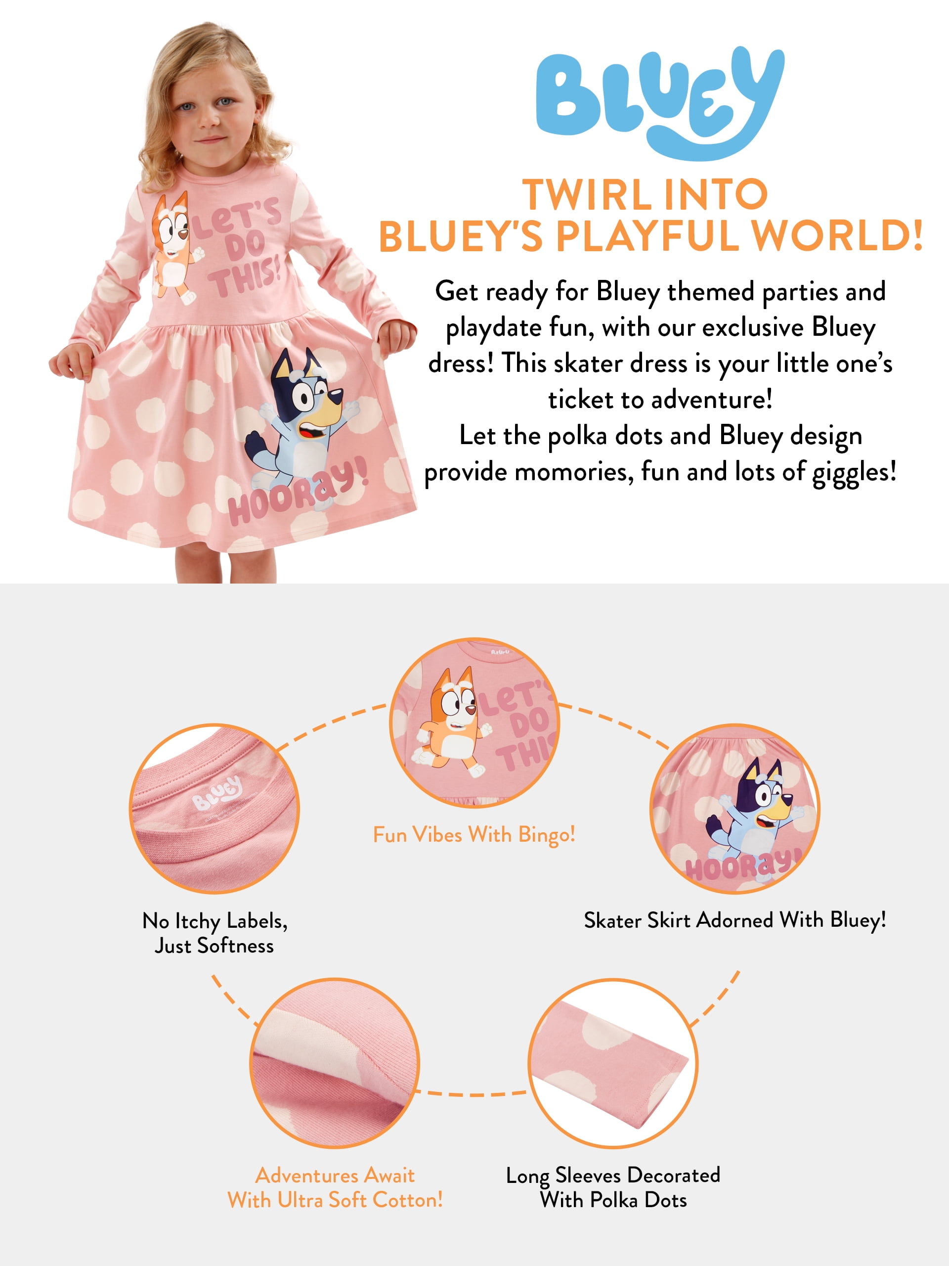 bluey long sleeve dress Character Pink Girls 100% Cotton Bingo Polka Dot Dress 152years