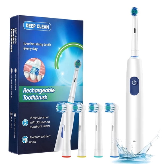 Rotary Electric Toothbrush for Adults with 4 Replacement Soft Brush Heads, 5 Modes Deep Clean, 7500 RPM, Rechargeable Toothbrush with 2 Min Timer