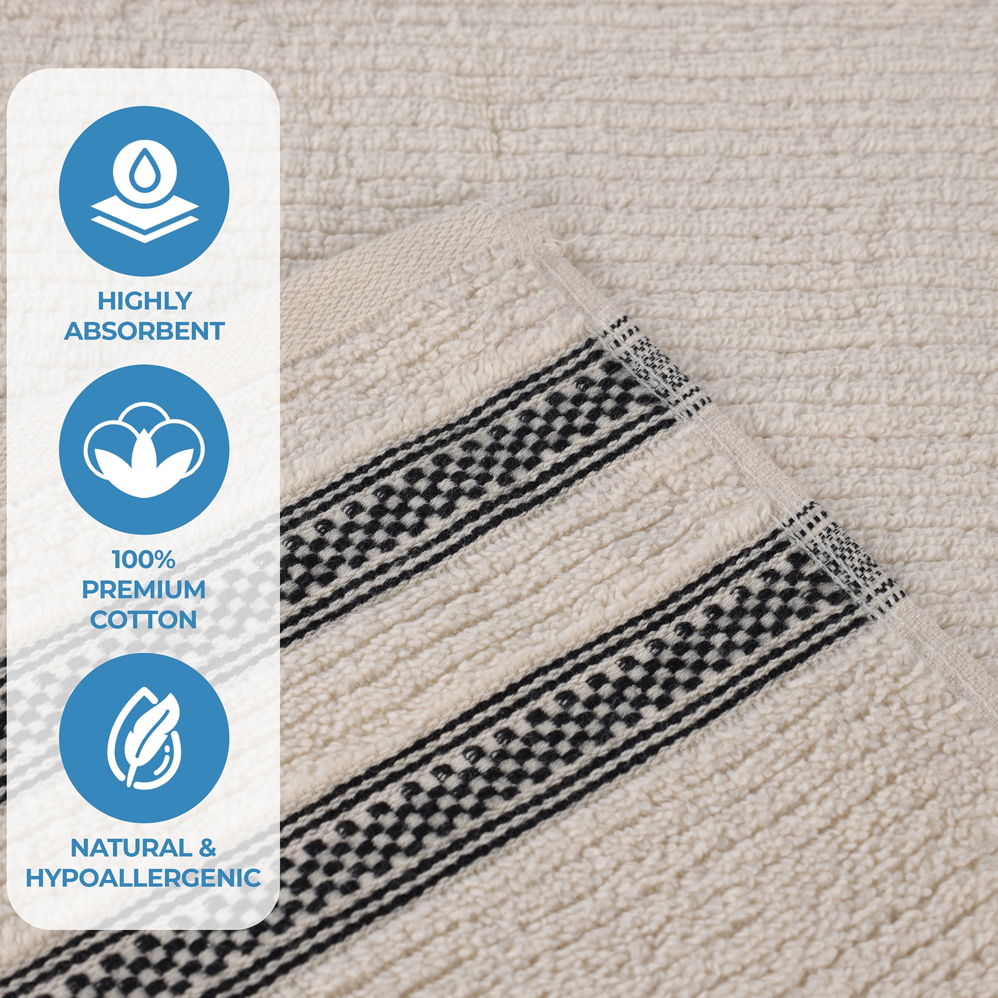Superior Zero Twist Cotton Ribbed Geometric Hand Towel Set of 6, Ultra Soft Quick Dry, Ivory
