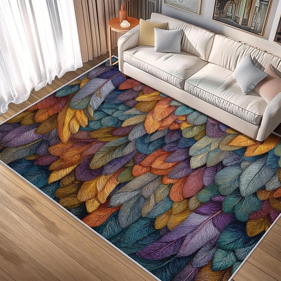 Bohemia Rug Bedroom, Feathers Colorful Abstract Pattern Washable Area Rugs for Living Room, Bohemia Home Decor Non Slip Carpet, Soft Ultra Thin Design-3' x 4'