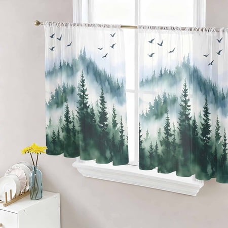 Ink Green Forest Semi Sheer Curtains 45 Inch Length 2 Panels Set Watercolor Modern Mountain Sheer Kitchen Curtain Privacy Voile Window Curtain for Living Room Bedroom Rod Pocket Drapes