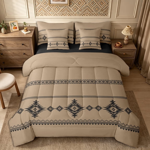 Castle Fairy Bohemian Tribal Aztec 7-Piece Twin Bedding,Hippie Boho Bedding Comforter Set,Taupe Black,Reversible