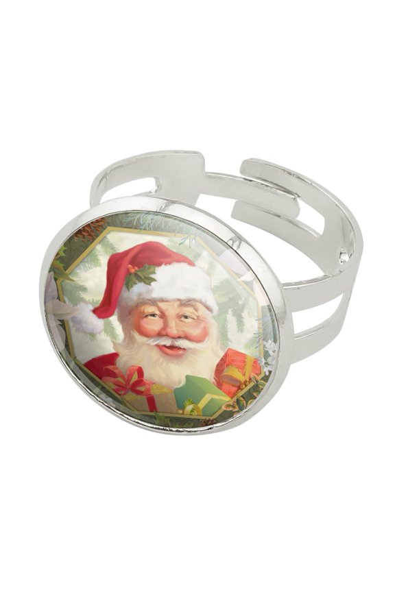 Christmas Holiday Festive Jolly Santa Claus Silver Plated Adjustable Novelty Ring