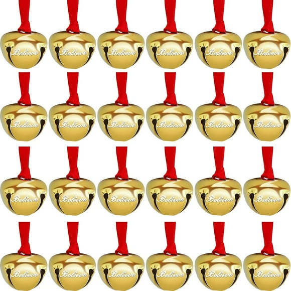 24 Pieces Christmas Believe Bell Ornaments 1.5 Inch Polar Express Bell Silver Gold Sleigh Bell Christmas Tree Bell Decoration Holiday Treat (gold)