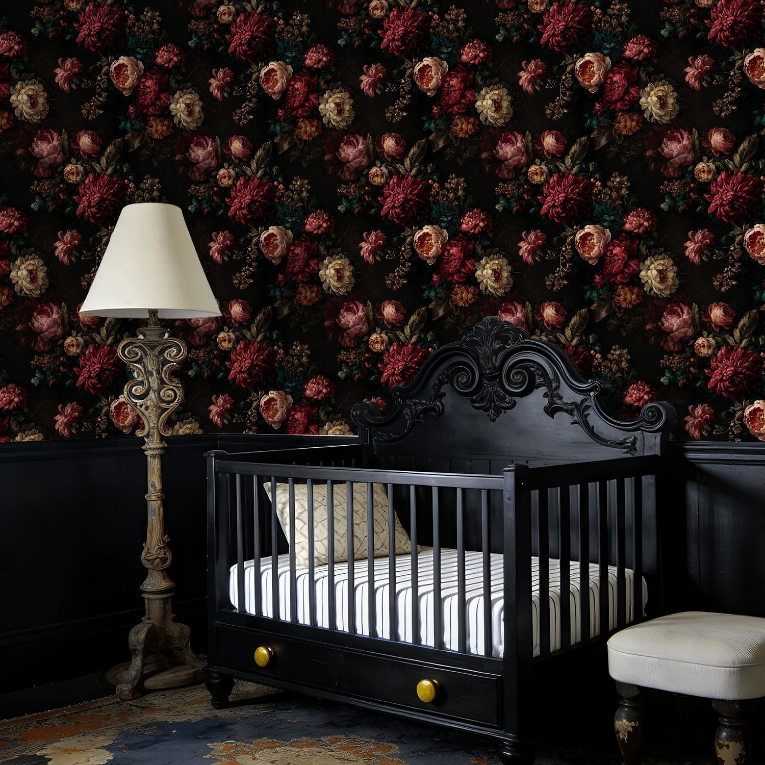 Peel and Stick Wallpaper Dark Vintage Floral Bouquet Deep Red Peonies Botanical Wall Mural 23.6in x 9.8ft Self Adhesive Removable Wall Paper Renter Friendly Wallpaper for Nursery Bedroom Cabinets