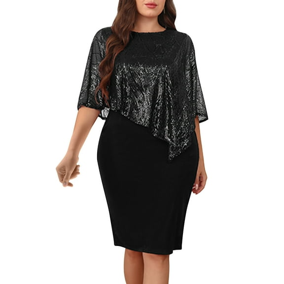 qelini Womens Plus Size Lace Dress Spring Short Sleeve Round Neck Cape A Line Dresses Elegant Evening Party Wedding Guest Solid Color Pencil Dress Black XXXXXL
