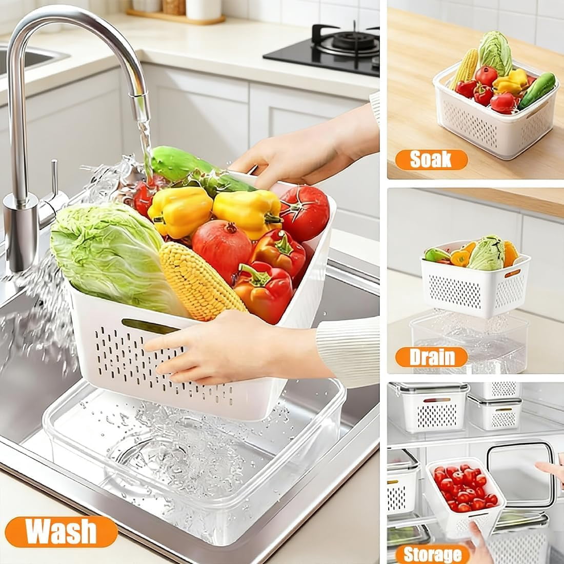 2026 New 4 in 1 Food Storage Container, Fruit Storage Containers for Fridge, Including Drain Basket, Produce Storage Containers with Lid and Strainer (S+M+L)