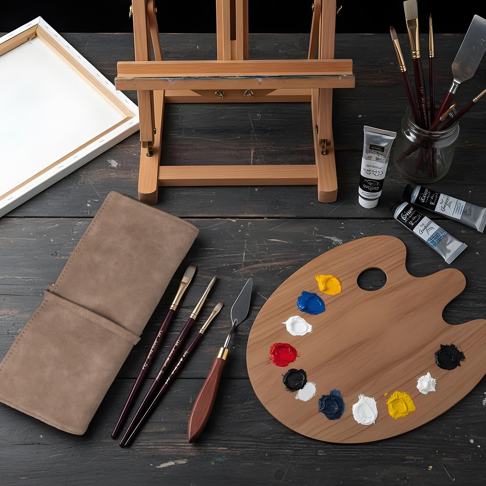 Garvee 24PCS Professional Paint Brush Set with Palette Knife and Suede Roll Case, Synthetic Nylon Artist Brushes for Acrylic Oil Watercolor & Gouache Painting, Wooden Handle Art Brush Kit