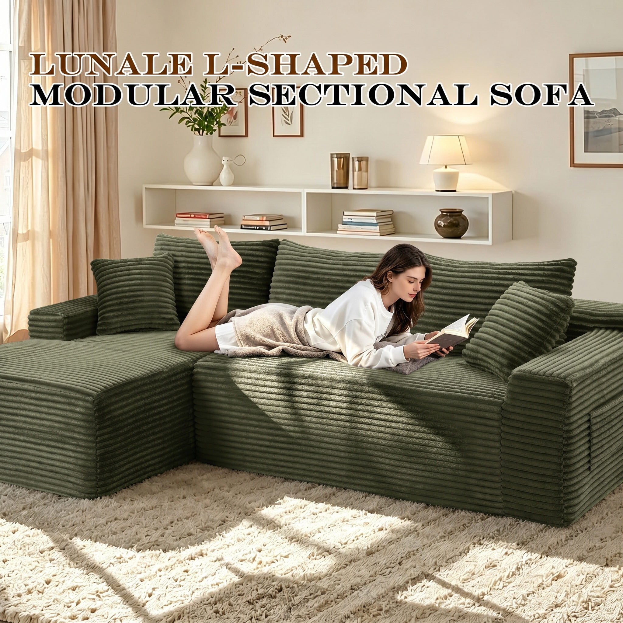 Lunale Small Modular Sectional Sofa with Movable Chaise, L-Shaped Boneless Cloud Couch for Living Room, Green (Left Facing Chaise)