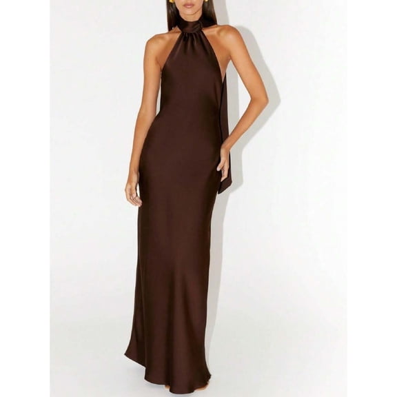 Brown Silk Halter Neck Maxi Dress With Draped Cowl Back Bodycon Fit Evening Cocktail Party Gown