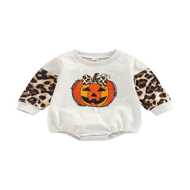 Infant Baby Girls Halloween Romper Pumpkin Leopard Print Long Sleeve Jumpsuits Spring Autumn Neck Bodysuits