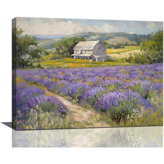 Aaheei Country Wall Art Vintage Barn Lavender Landscape Pictures Purple Field Canvas Wall Decor Farmhouse Rustic Oil Painting Artwork Decorations for Bedroom Bathroom Living Room Office