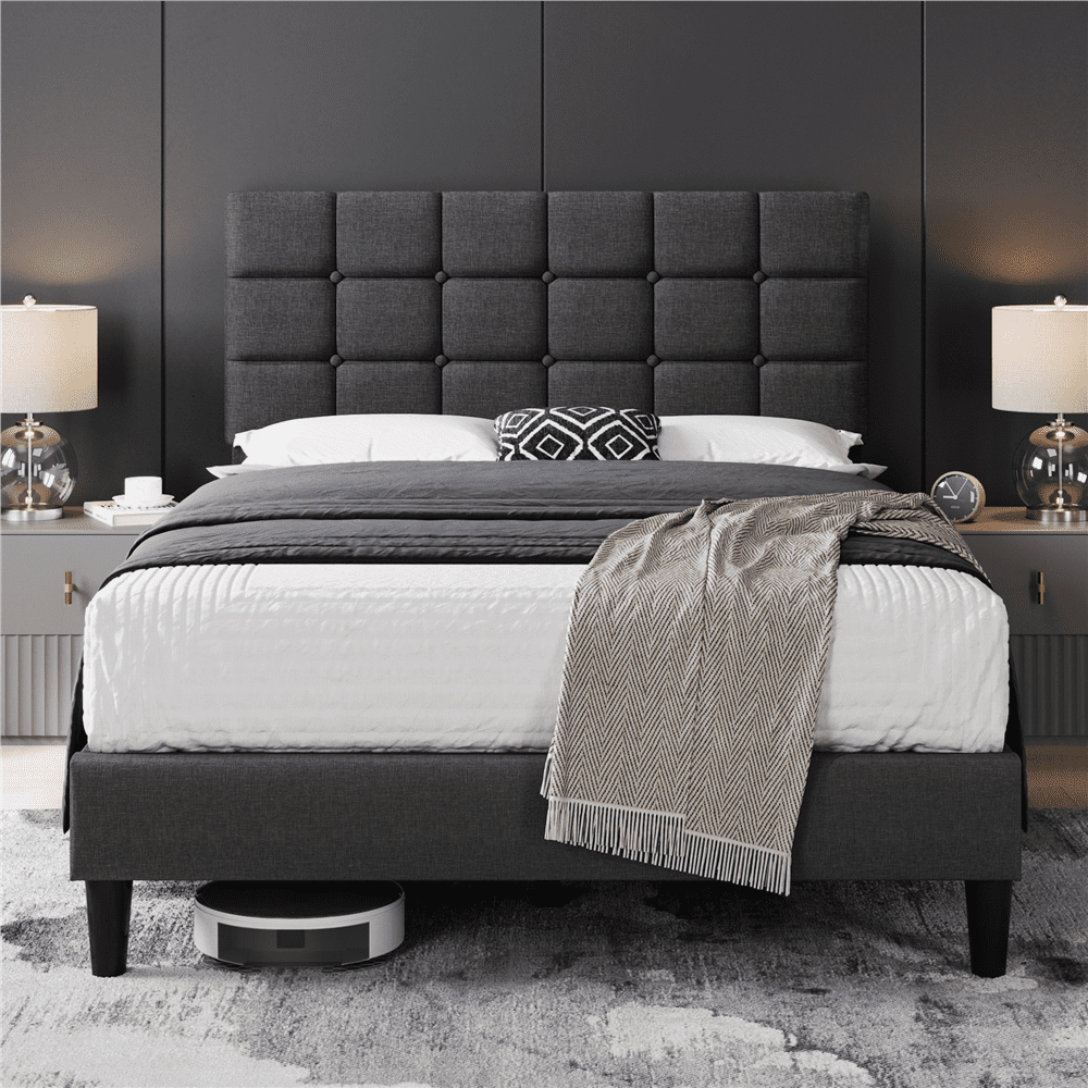 Fullfurnique Upholstered Platform Bed Frame with Square Tufted Headboard, Full, Dark Gray