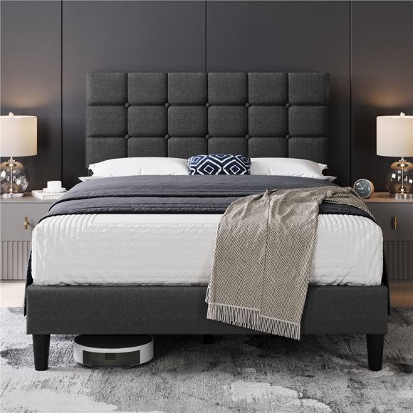 Fullfurnique Upholstered Platform Bed Frame with Square Tufted Headboard, Full, Dark Gray