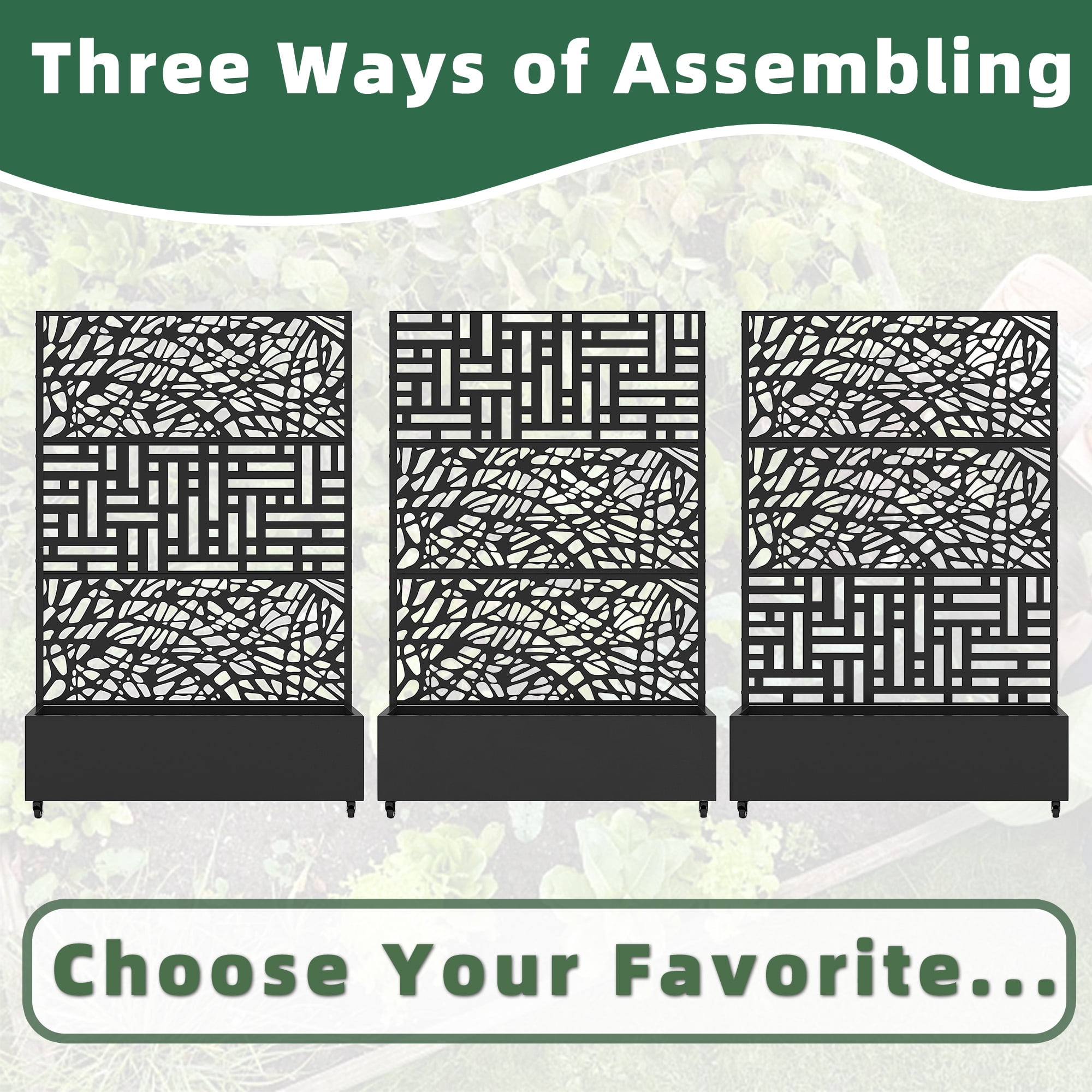 MAYEERTY 2-Set 47*16" Outdoor Black Metal Planter Box with Trellis for Climbing Plants,Vine & Street Pattern