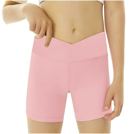Bmisegm Girls Pants Athletic ShortsSlim V Waist Short Leggings Bike Dance Gymnastics Solid Color Pants for Kids Pink 5-6 Years