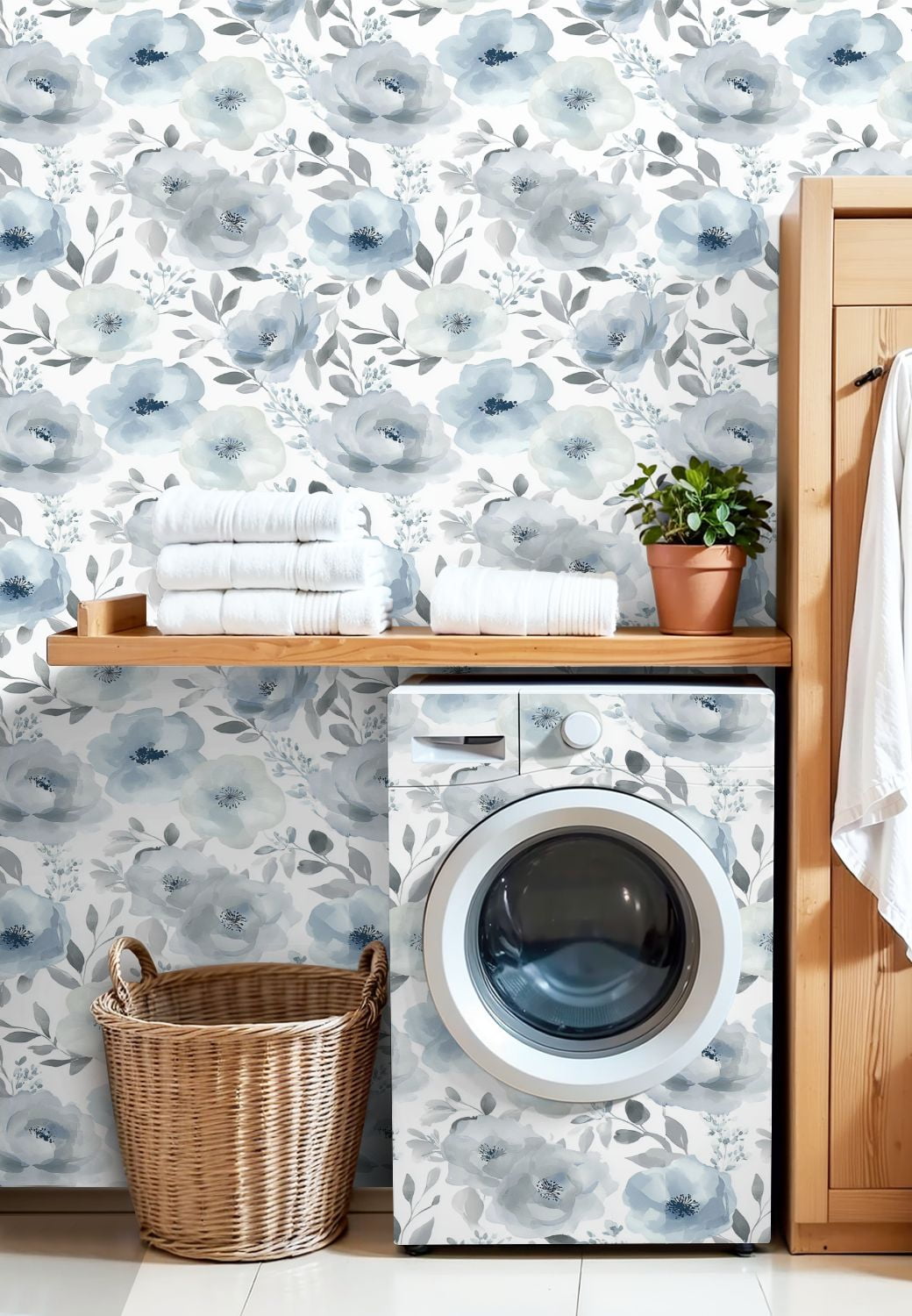 Boho Peel and Stick Wallpaper Watercolor Floral Shades Blue Grey Leaves Contact Paper 17.7in x 9.8ft Wallpaper Removable Self Adhesive Wall Paper for Bedroom Nursery