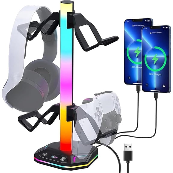 RGB Headphone Stand with Weighted Base, Headphone Stand, Gaming Headset Stand with USB and Type-C Charging and Data Transfer for Headphones and Controllers (Black)