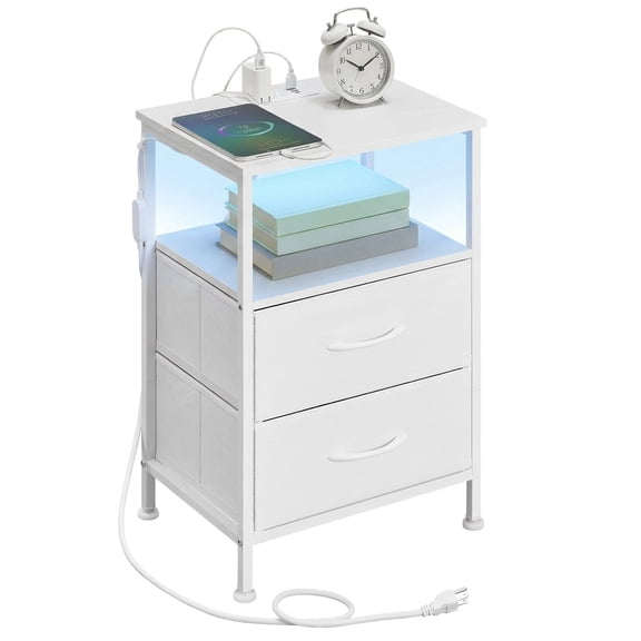 Ledrem Nightstand with Charging Station & App-Controlled LED Lights, Bed Side Table with 2 Drawers and 1 Open Shelf, Cloud White