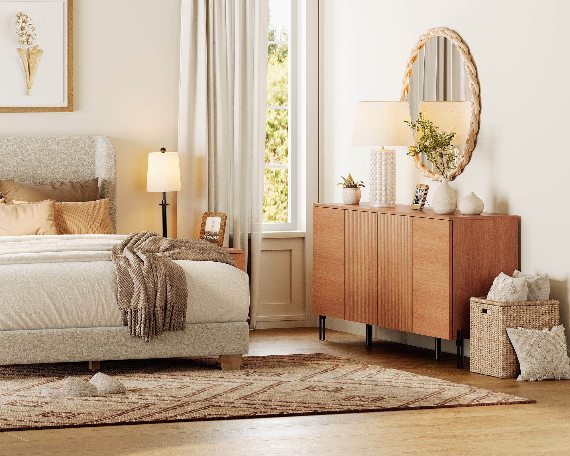 2-Piece Reeded Bedroom Set, Modern Minimalist Nightstand and Dresser Set, Oak Wooden Chest With Hidden Handles For Bedroom, Living Room