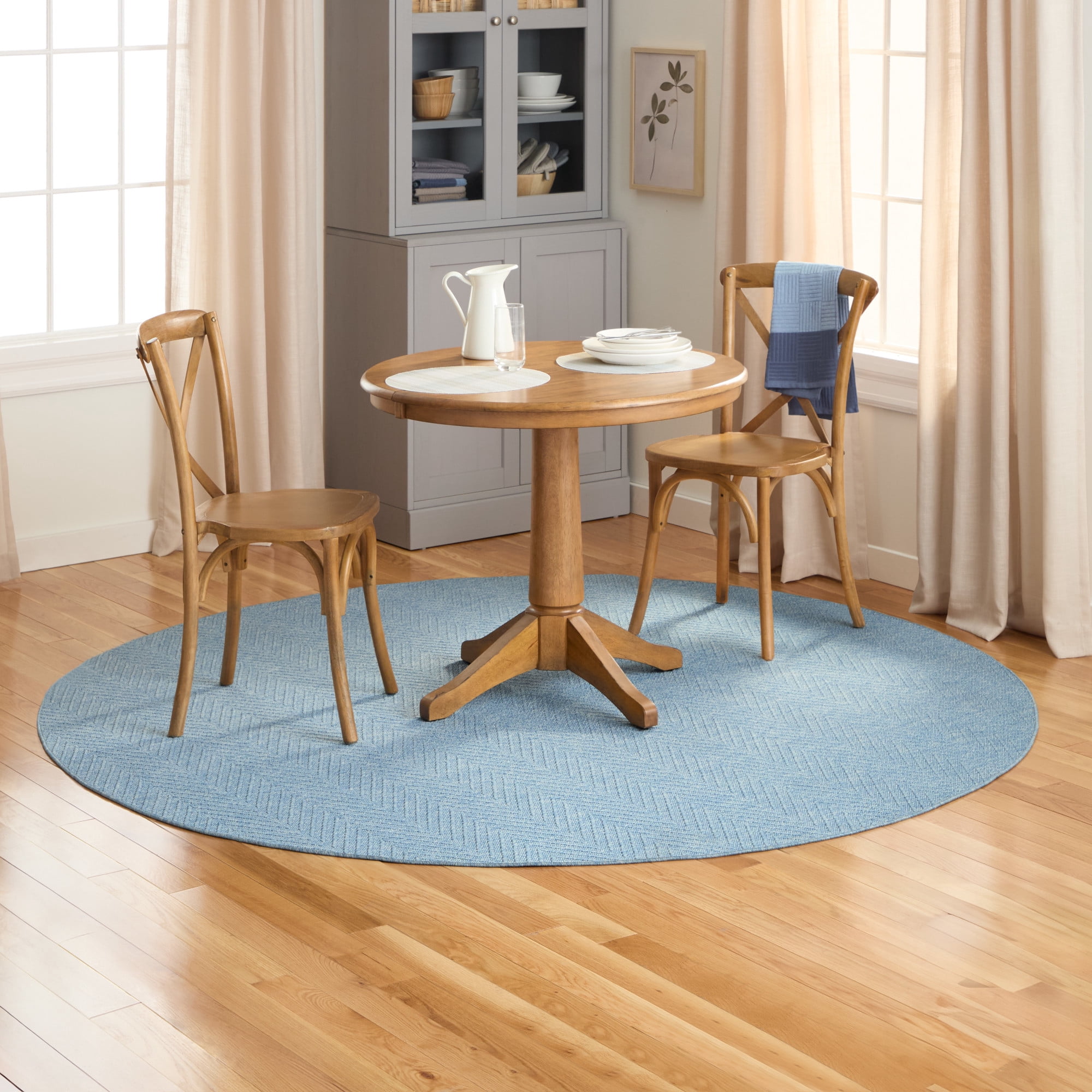 TOWN & COUNTRY BASICS Pax Herringbone Textured Solid Everwash® Washable Area Rug, Low Pile, Non-Slip Backing, Easy Clean Pet & Family Friendly Rug, Blue, 8' Round