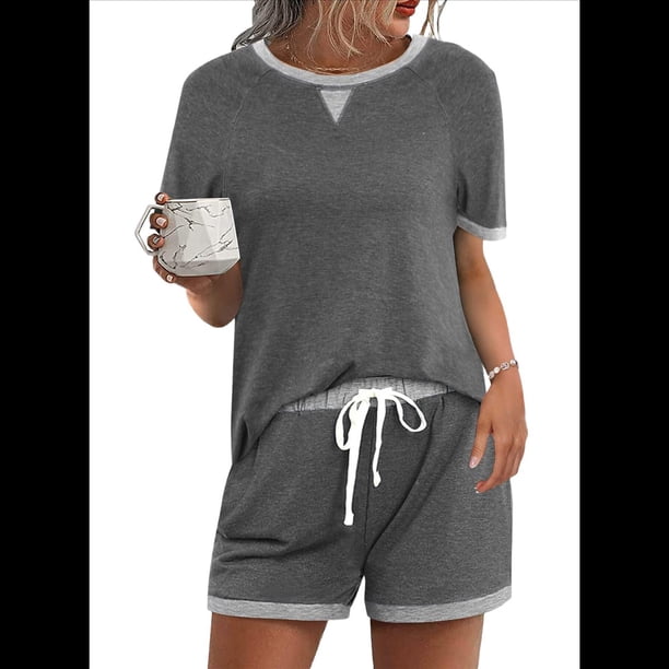 Conjunto de 2 Piezas para Mujer, Ropa de Estar por Casa, Top y Pantalones Cortos de Corta con Bloques de Color, Ropa de Verano 2025, Gris, XL