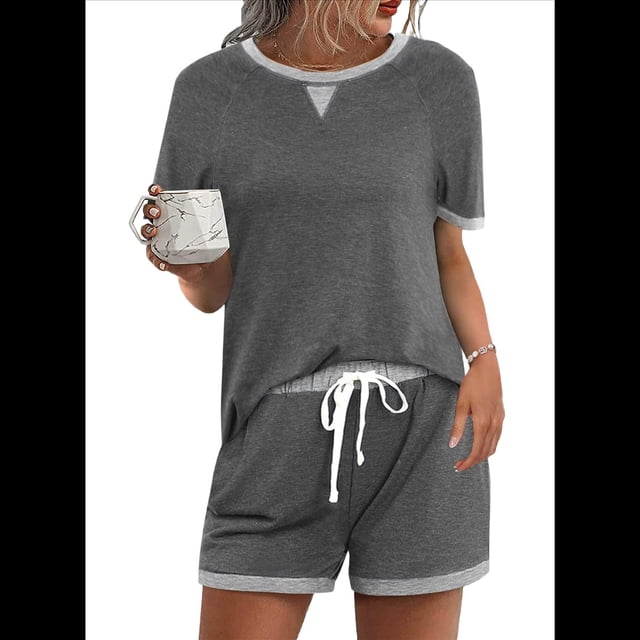 Conjuntos de Salón para Mujer, Conjunto de 2 Piezas, Ropa de Estar por Casa, Conjunto de Top y Pantalones Cortos de Corta con Bloques de Color, Ropa de Verano 2025, Gris L