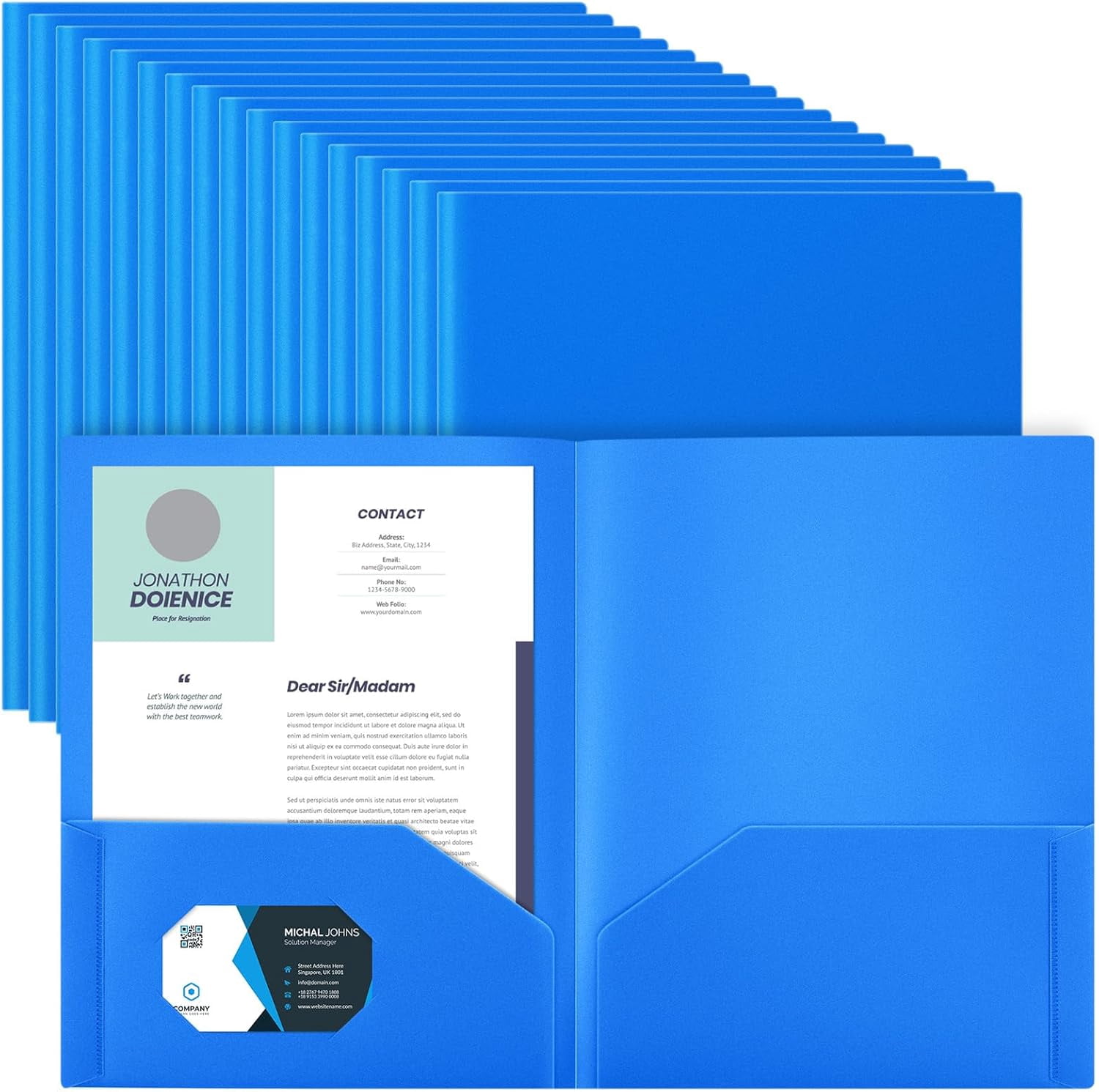 Heavy Duty Two Pocket Plastic Folders with Pockets, Letter Size School Office Folders, 11.61 x 9.45 Inches, Business Card Holder, Blue, 50 Pack