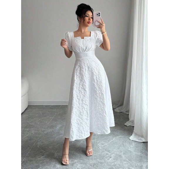 White Womens Embroidered Floral Square Neck Short Sleeve A-Line Midi Dress