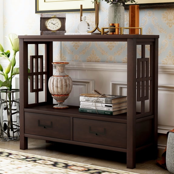 uhomepro Buffet Cabinet Sideboard Console Table for Entryway, Kitchen Storage Cabinet with 2 Drawers, Bottom Shelf, Home Furniture Console Table, Upgrade Solid Wood Frame & Legs, Espresso