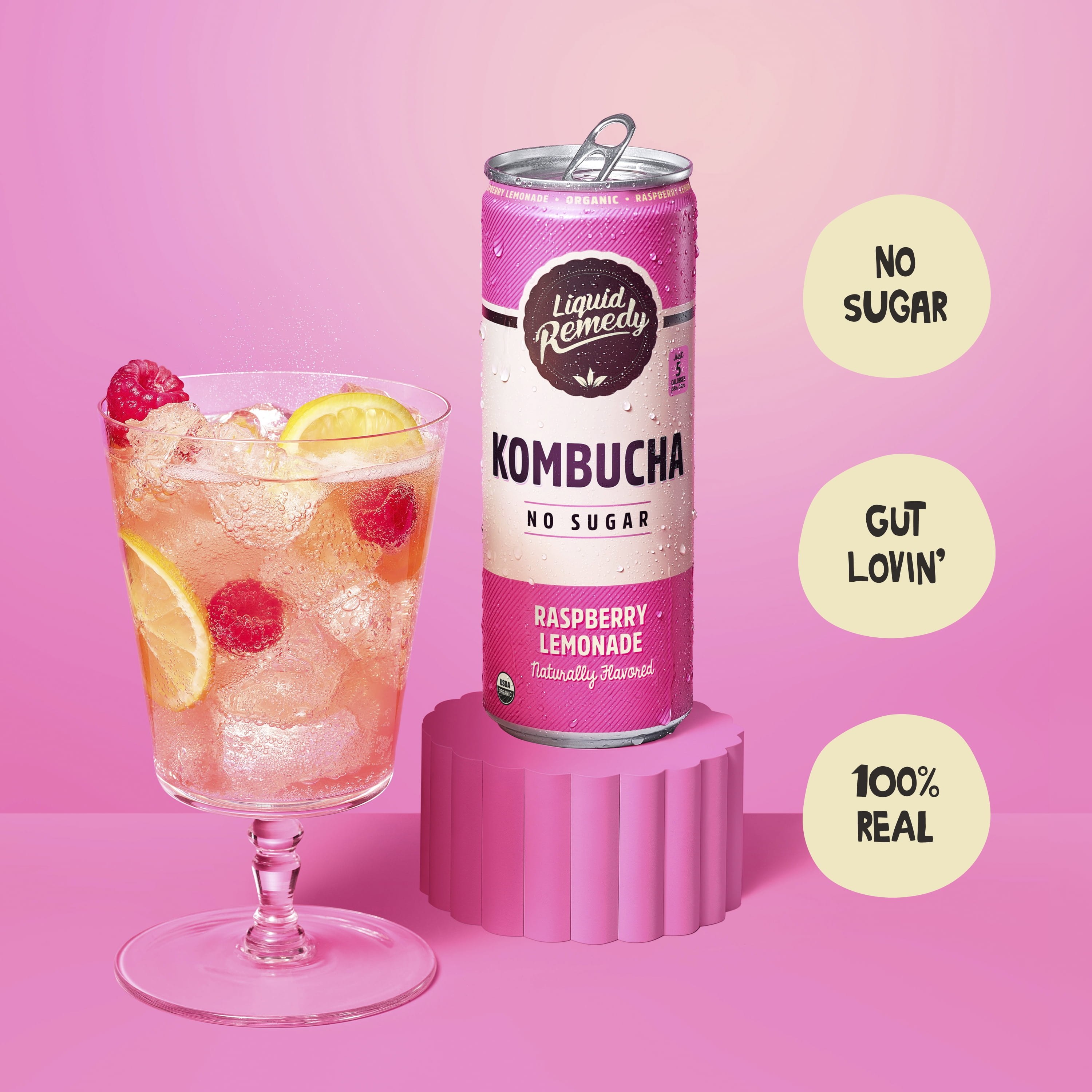 Liquid Remedy Kombucha Raspberry Lemonade Low Calorie Sugar Free, 12 Pk, 12 oz Cans