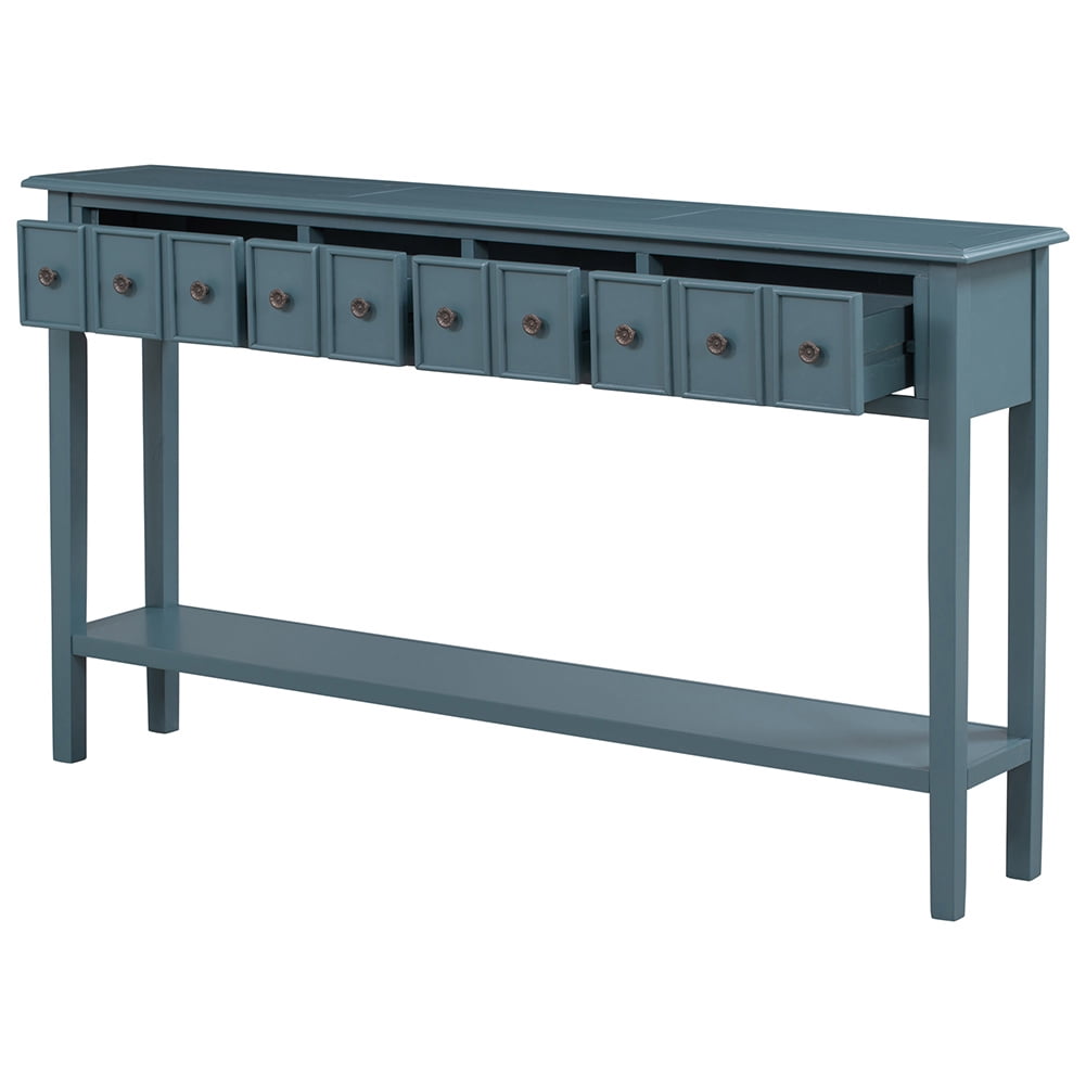 Resenkos 60" Mid-Century Modern Console Table with Two Different Size Drawers, Navy Blue Resenkos 60" Mid-Century Modern Console Table with Two Different Size Drawers, Navy Blue