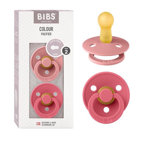 BIBS Chupones Colour Pack de 2, Tetina redonda de látex natural, Talle 2, Color Dusty Pink/Coral, 6