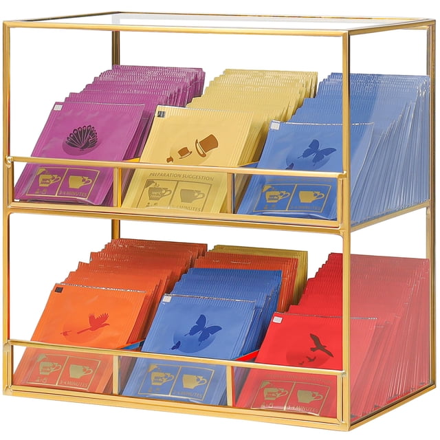 Organizador de Bolsitas de Té REDHUGO Estante de Vidrio Dorado de 2 Niveles